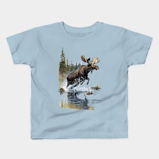 Moose Jumping In Stream Kids T-Shirt